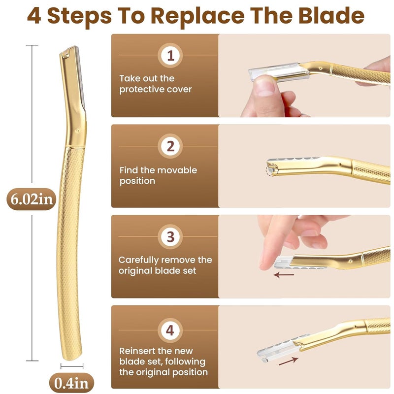 AIBRIT Dermaplaning Tool for Face, Dermaplane Razor for Peach Fuzz with Metal Grip, Professional Eyebrow Razor for Women, Facial Razor for Women Gold (12 Replaceable Blades) - Image 3